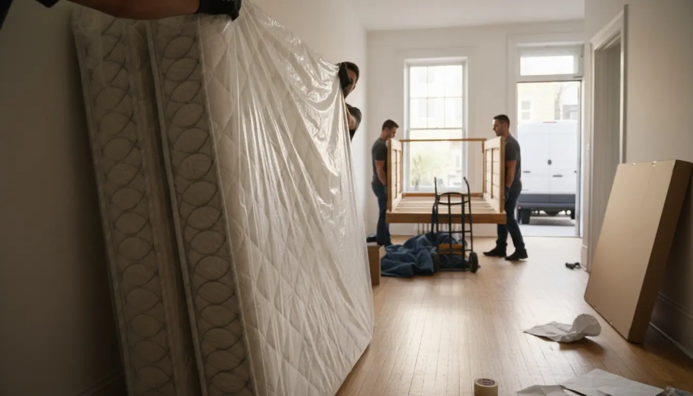 To personer pakker to springmadrasser ud i en lys lejlighed, mens en seng bæres ud mod en varevogn; ansigter ikke synlige.