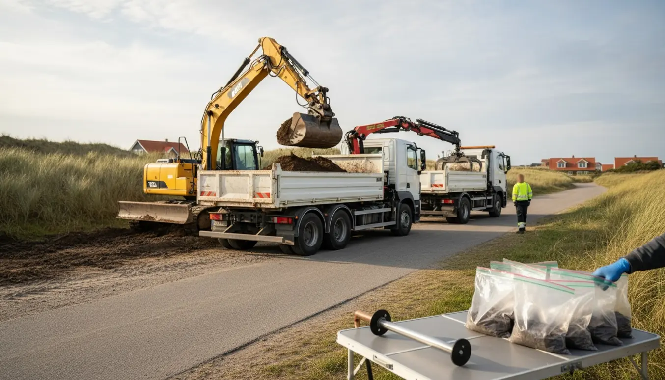 Gravemaskine læsser ren jord i en tipperlastbil ved Blommestien med jordprøveudstyr på et bord.