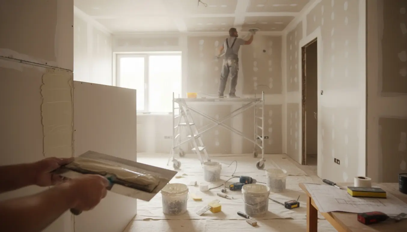 Arbejdshænder påfører filt og spartelmasse på lofter og nyopførte vægge i et lyst renoveringsrum.