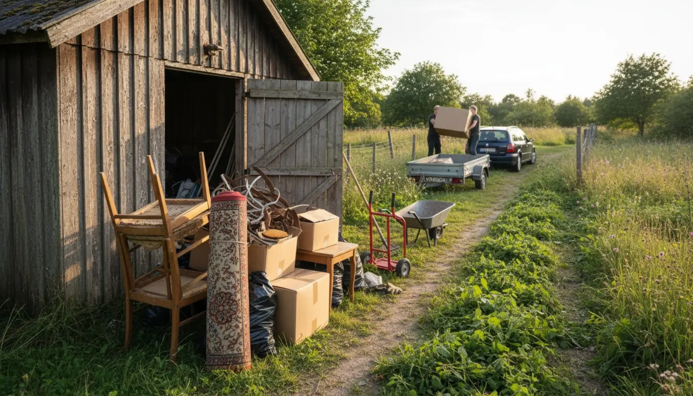 Affald fra et gammelt skur læsses gennem en havegang med brændenælder og over på en trailer ved parkeringsarealet.