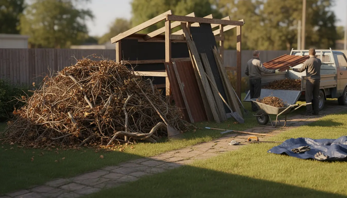 Stor bunke haveaffald og nedrevet tagmateriale ved trailer i en baghave klar til afhentning.