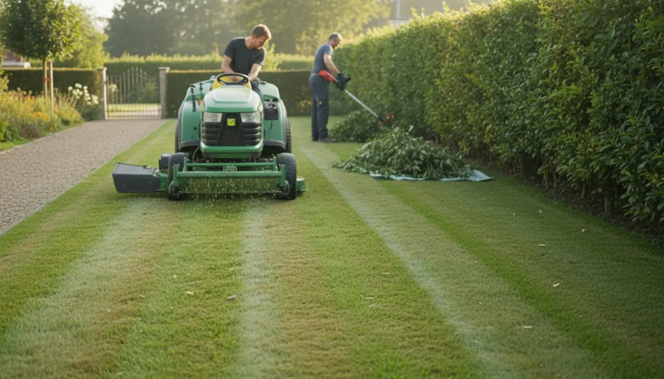 Havetraktor slår en grøn græsplæne mens en havemand trimmer en lang, velplejet hæk og haveaffald ligger samlet i en bunke.