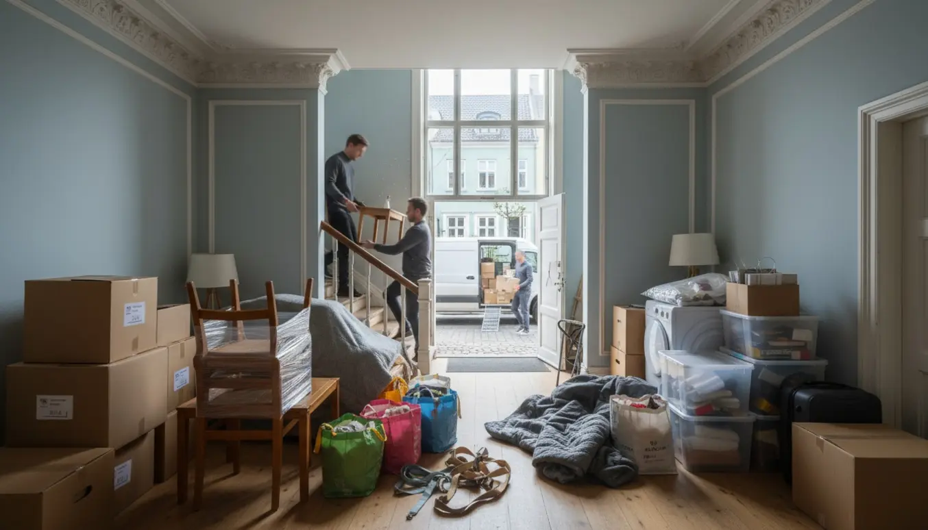 Flyttefolk bærer flyttekasser og møbler ned gennem en lys trappegang, klar til at blive lastet i en varevogn.