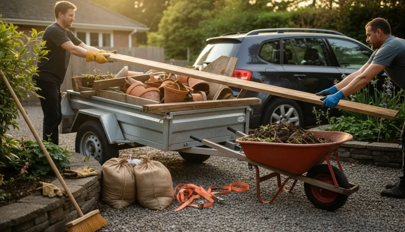 To personer læsser brædder, krukker og højbed i en trailer i haven på en solskinsdag.