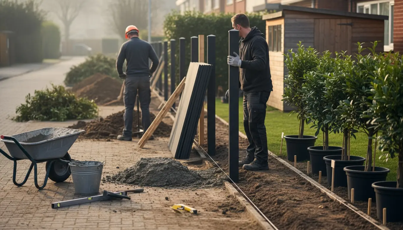 Hegnstolper støbes i beton til et 180 cm komposithegn med potteplanter klar til ligusterhæk langs skel.