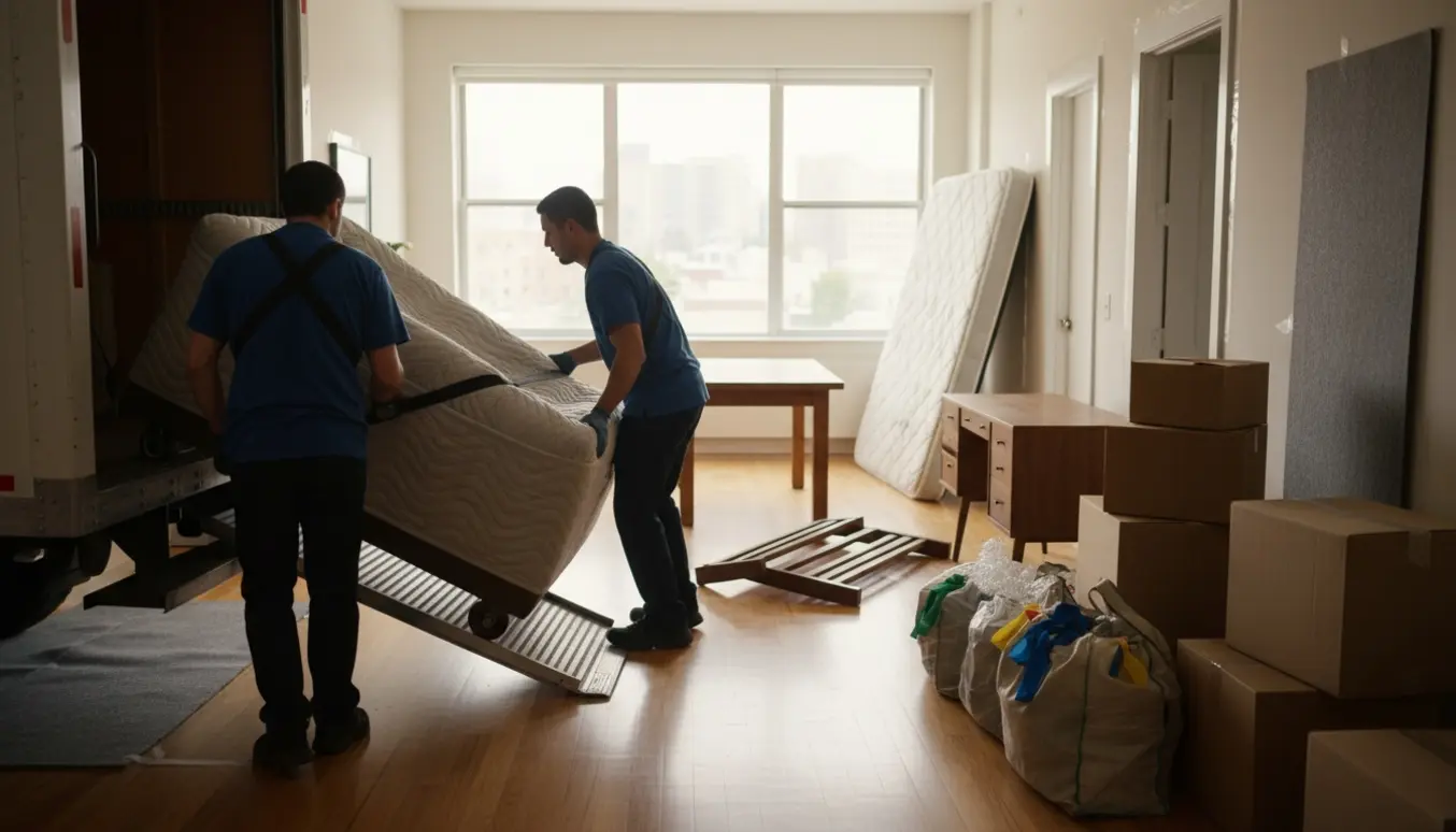 Flyttefolk læsser sofa, seng, skrivebord og spisebord samt flyttekasser ind i en varevogn klar til donation eller bortskaffelse.