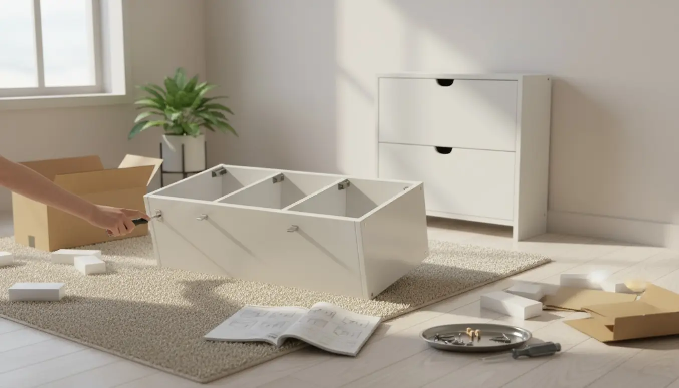 To hvide skoskabe under samling i en lys entré med værktøj og den ene næsten færdig.