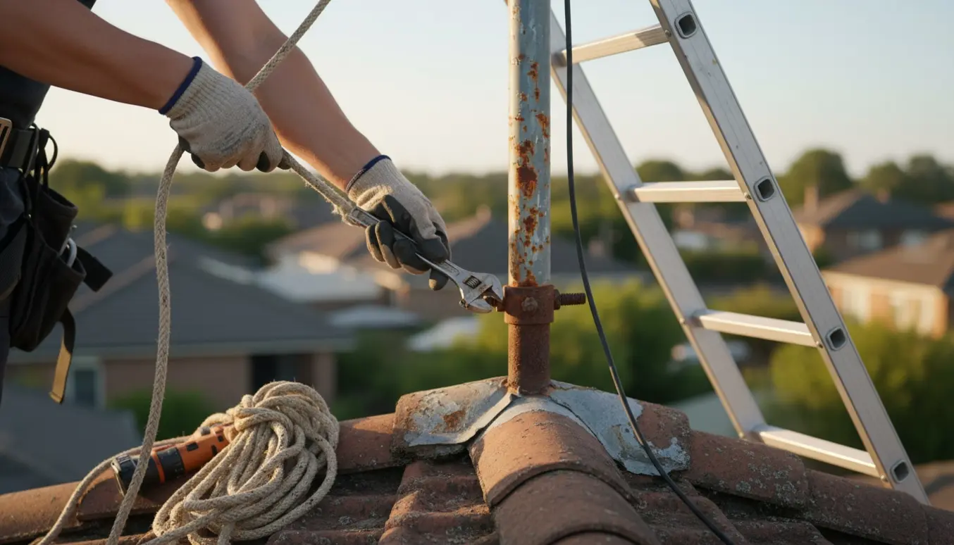 Person nedtager en tv-antenne fra et tag med stige, sikkerhedsudstyr og værktøj.