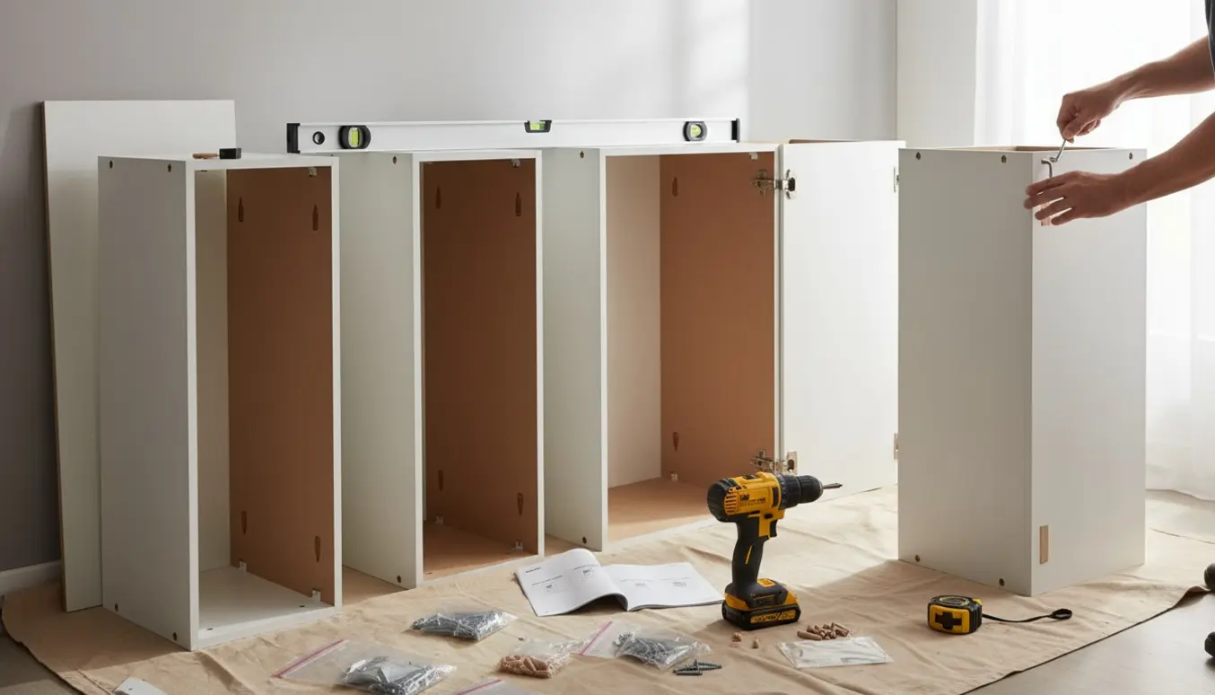 Nærbillede af samling af fire høje Ikea-lignende skabe i en lys entré med værktøj og hardware ved siden af.