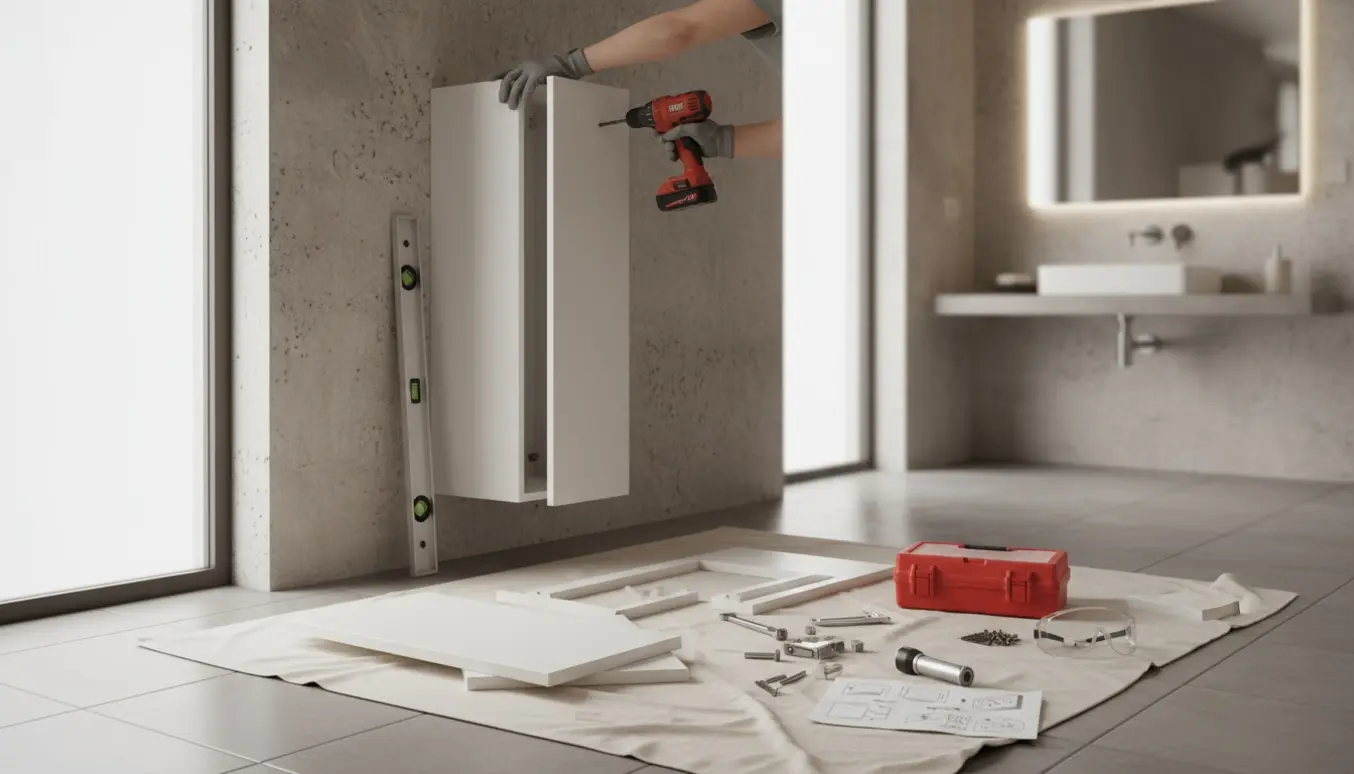 Et højt, smalt badeværelsesskab monteres på en betonvæg, hænder i handsker bruger boremaskine og vaterpas.