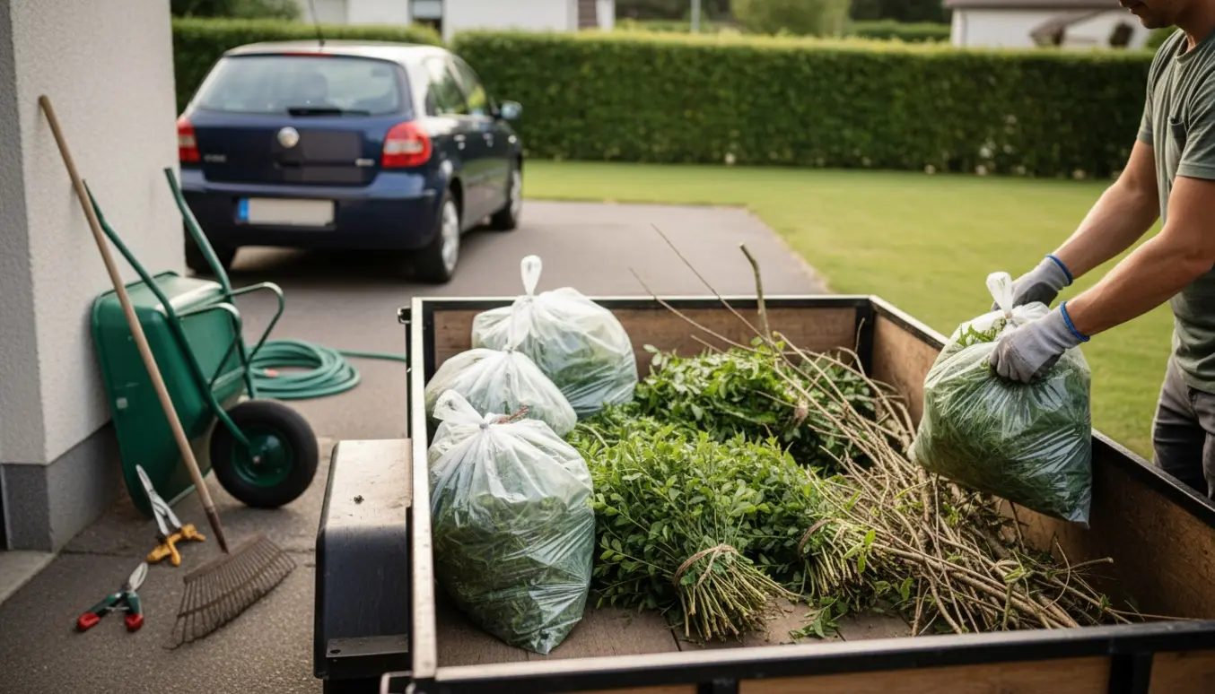 Trailer læsset med poser med græs og afskårne grene i en indkørsel, klar til afhentning og bortskaffelse.