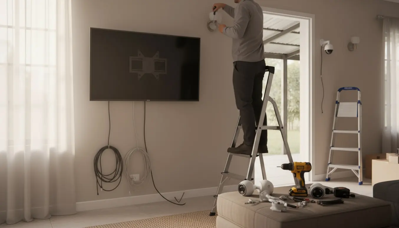 Tekniker fjerner vægmonteret TV, lampe og kabler, mens kameraer og værktøj ligger klar.