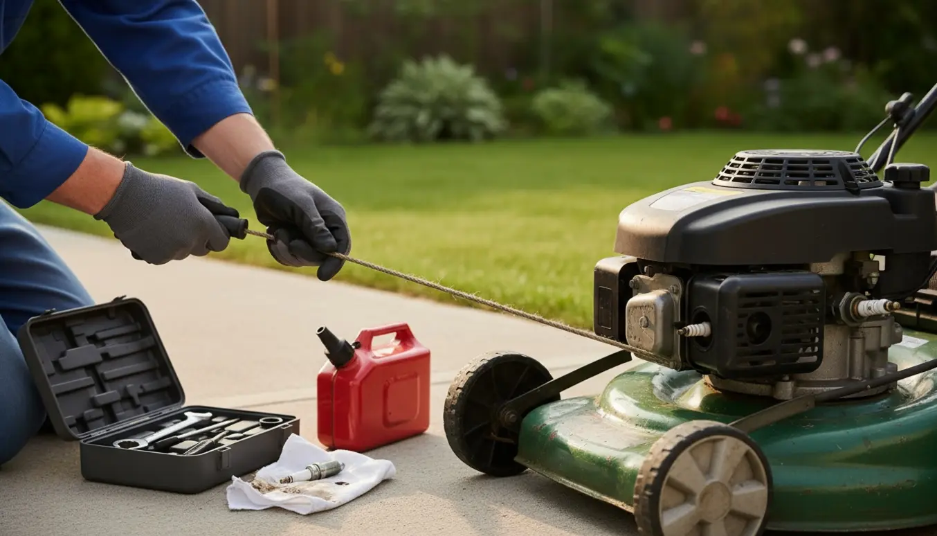 Nærbillede af hænder, der trækker i træksnoren på en benzin græsslåmaskine med værktøj ved siden af.