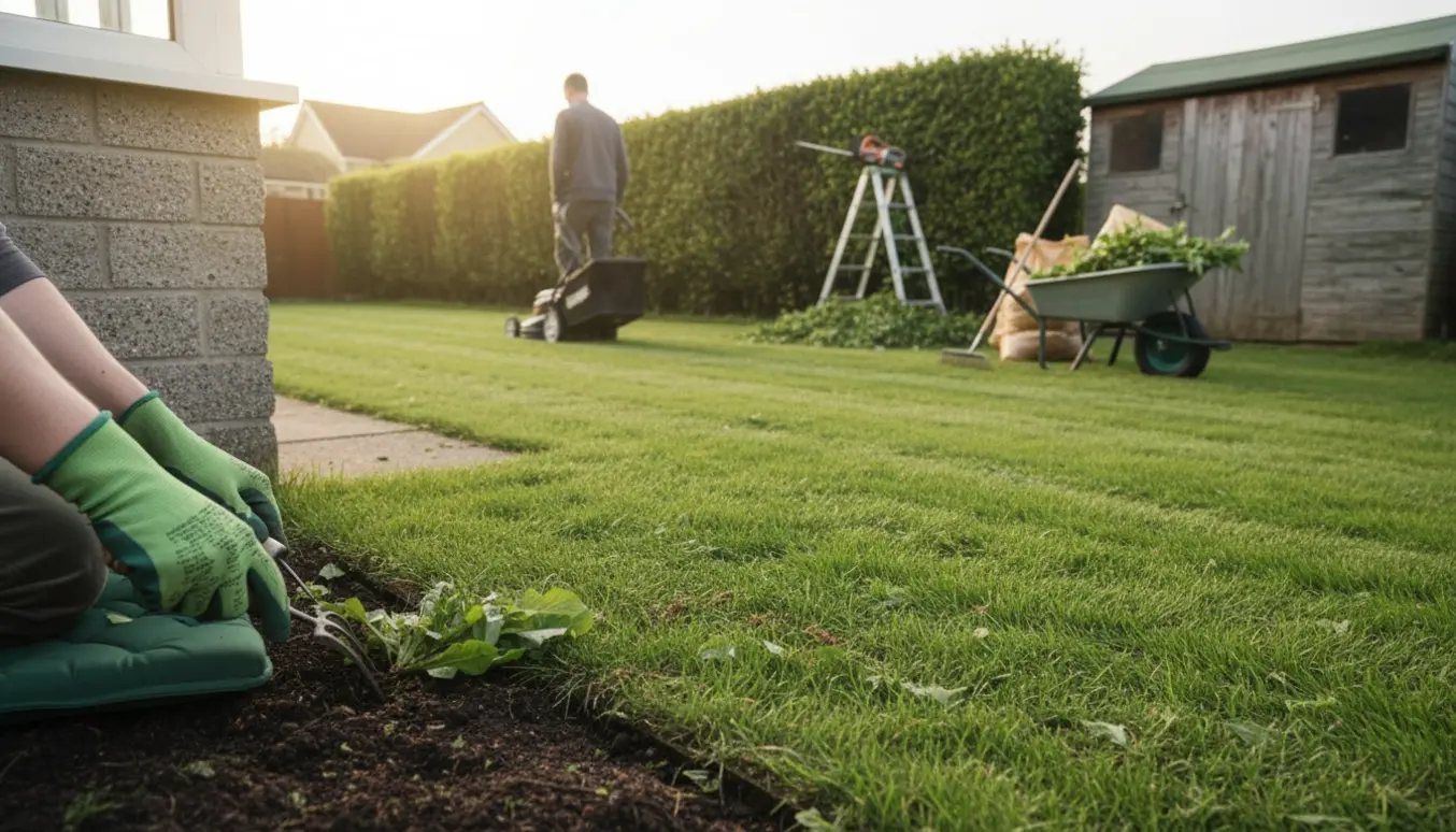 Havearbejde med ukrudtsrens ved soklen, græsslåning og klipning af bøgehæk.