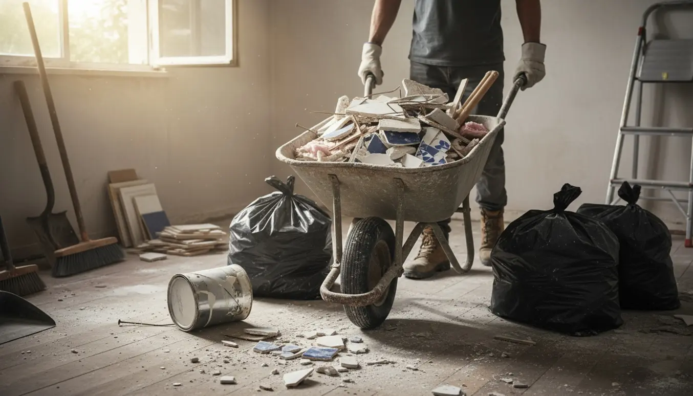 Blandet byggeaffald i en trillebør i et soloplyst rum under renovering, klar til fjernelse.