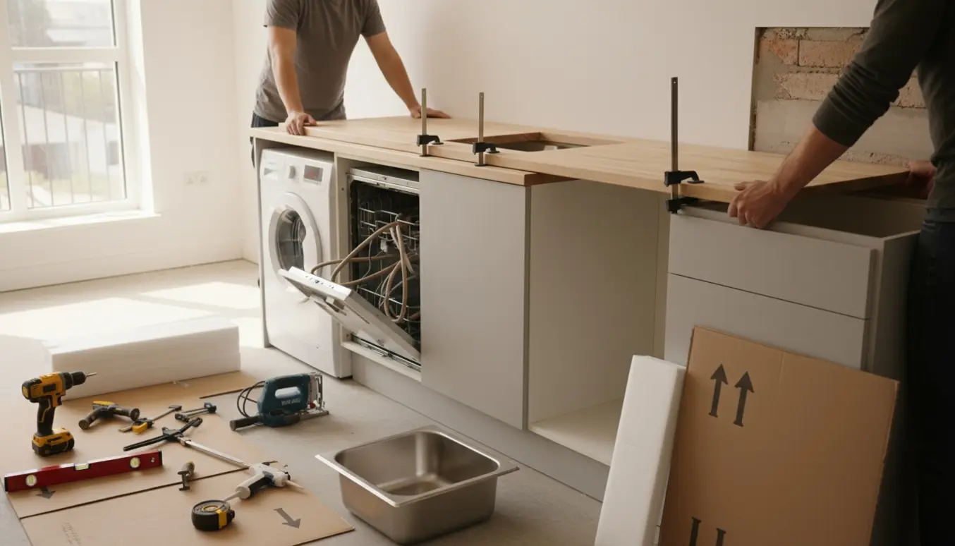 Delvist installeret køkken med birk-laminat bordplade, vaskemaskine og opvaskemaskine, håndværkerhænder ved arbejdet.