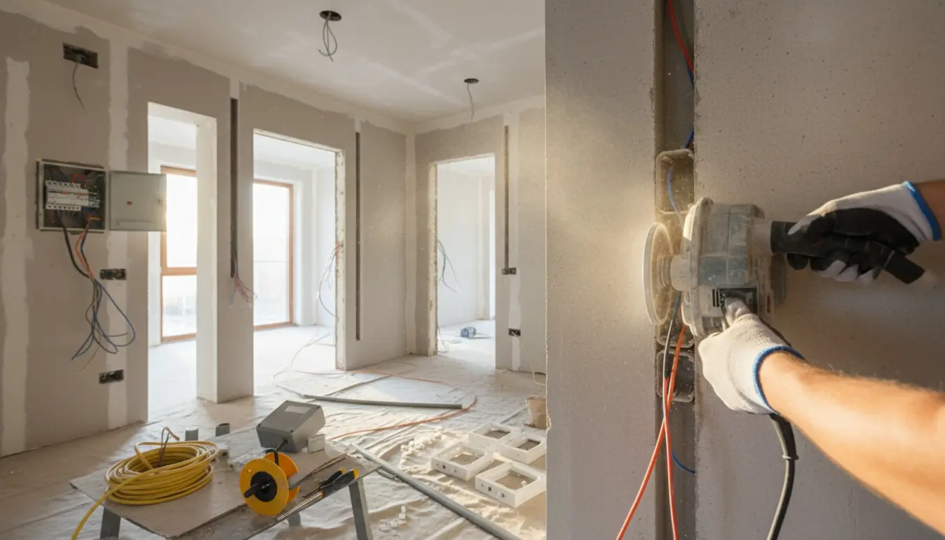 Elektiker fræser kanaler og fører el- og fiberkabler ind i rå gasbeton-væg i lejlighed under renovering.