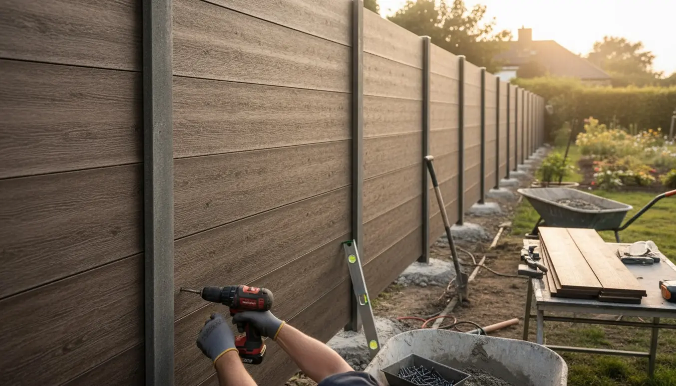 Komposithegn under udskiftning i baghave med værktøj og både færdige og igangværende sektioner.