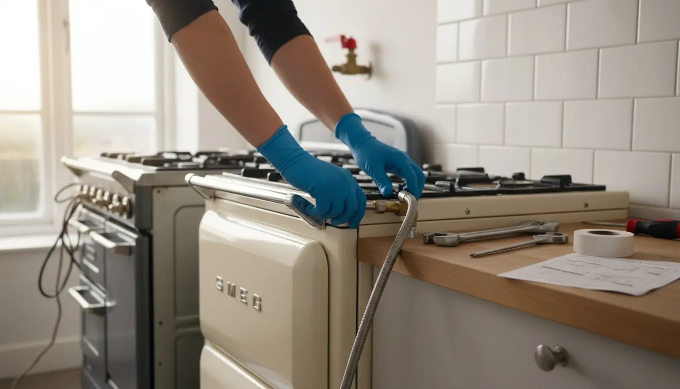 Hænder i handsker tilslutter en ny retro-inspireret gaskomfur med en fleksibel gastilslutning i et lyst køkken.