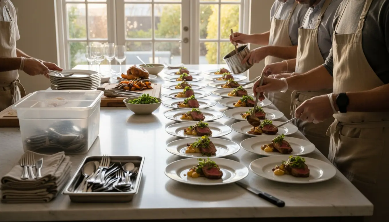 Hænder anretter portioner på en stor køkkenø med række færdige tallerkener, mens hjælpere rydder af og samler service til opvask.