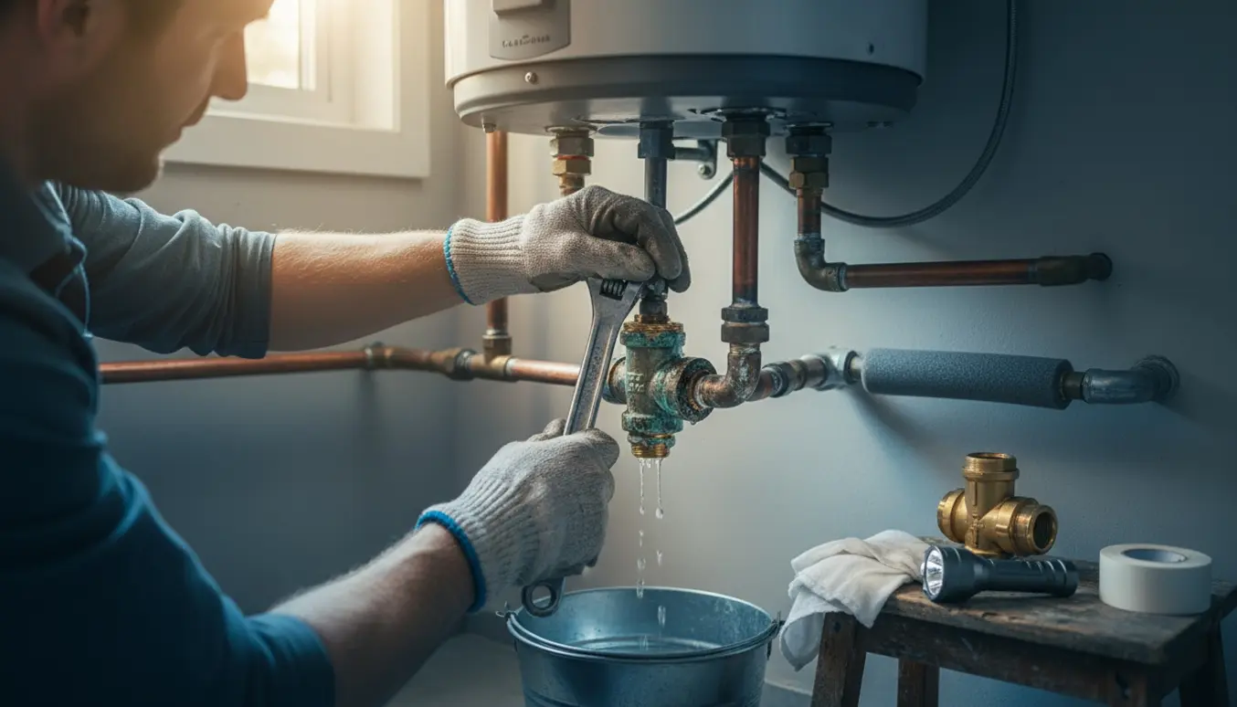 Håndværker udskifter en dryppende overtryksventil under en kombivandvarmer med skruenøgle og spand.