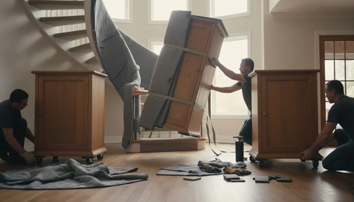 Tre træskabe under flytning, ét bæres forsigtigt op ad en rund trappe mens to står klar i stuen.
