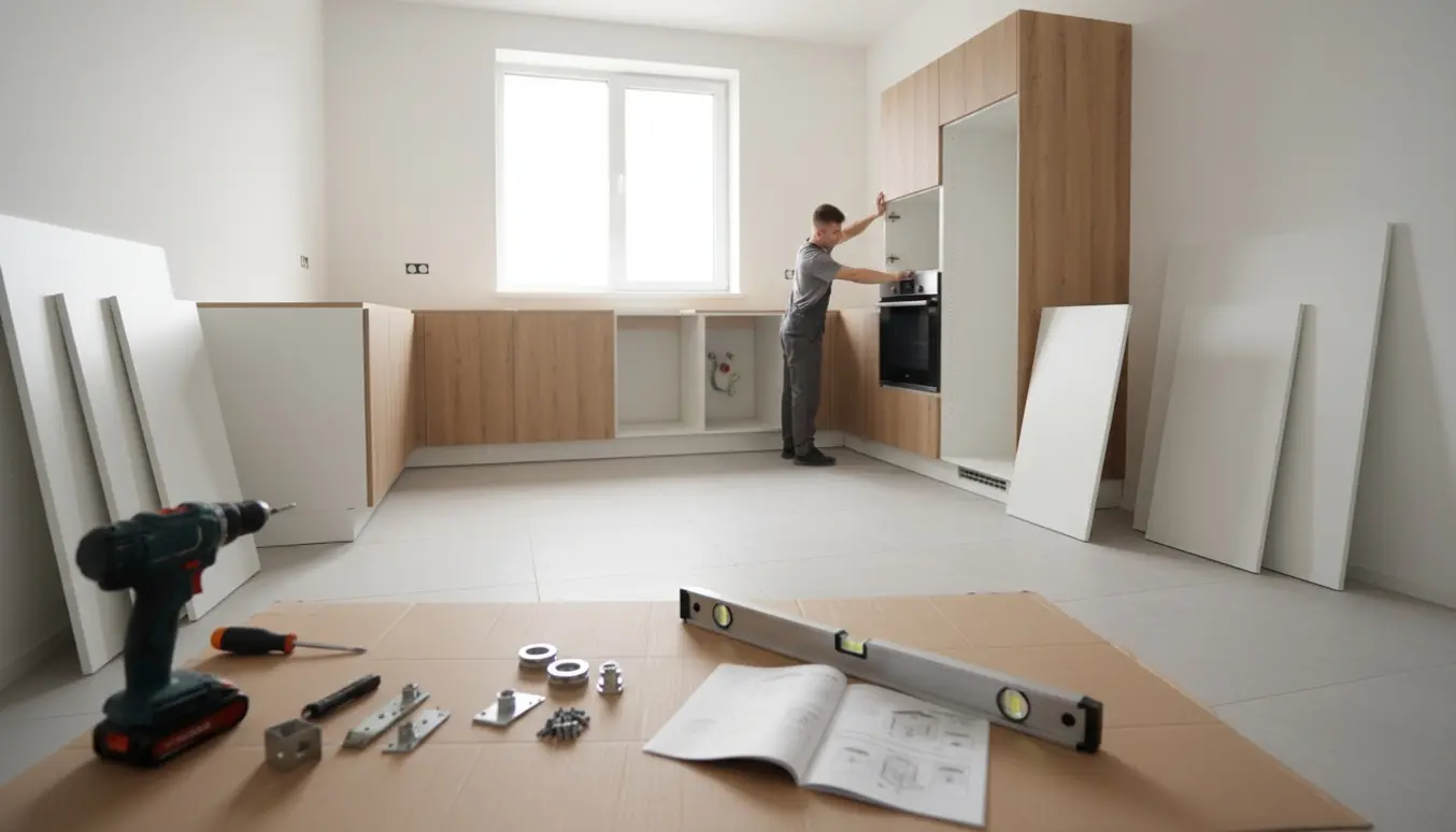 L-formet køkken under montering med åbne skabe, værktøj og hænder der justerer et skab.