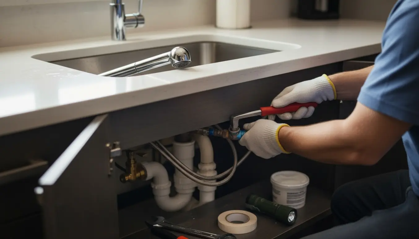 Hænder udskifter køkkenvandhane i et trangt underskab med synlig afspærringsventil og værktøj.