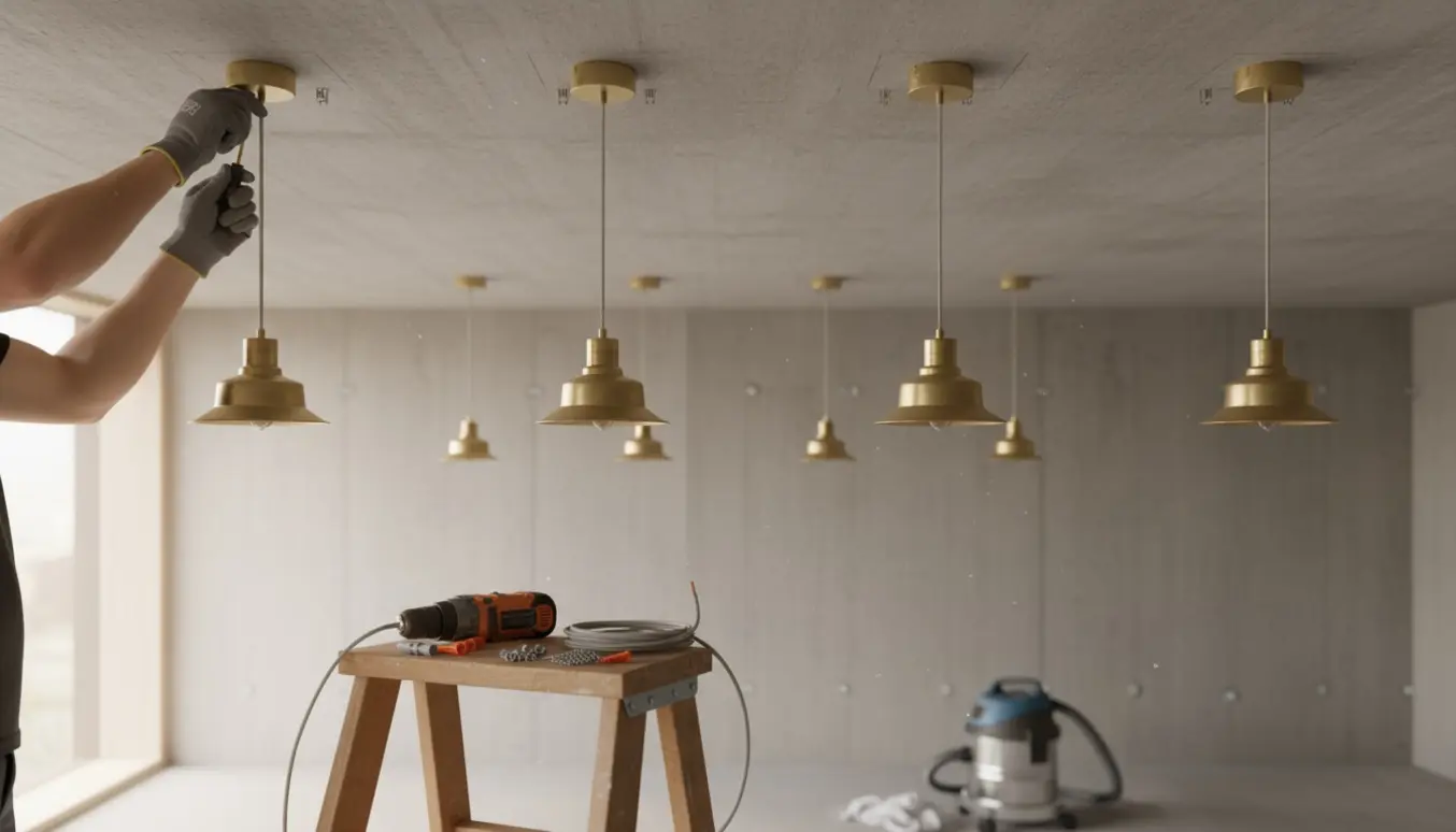 Hænder monterer en af fem loftlamper i et betonloft med boremaskine, rawlplugs og arbejdsredskaber omkring.