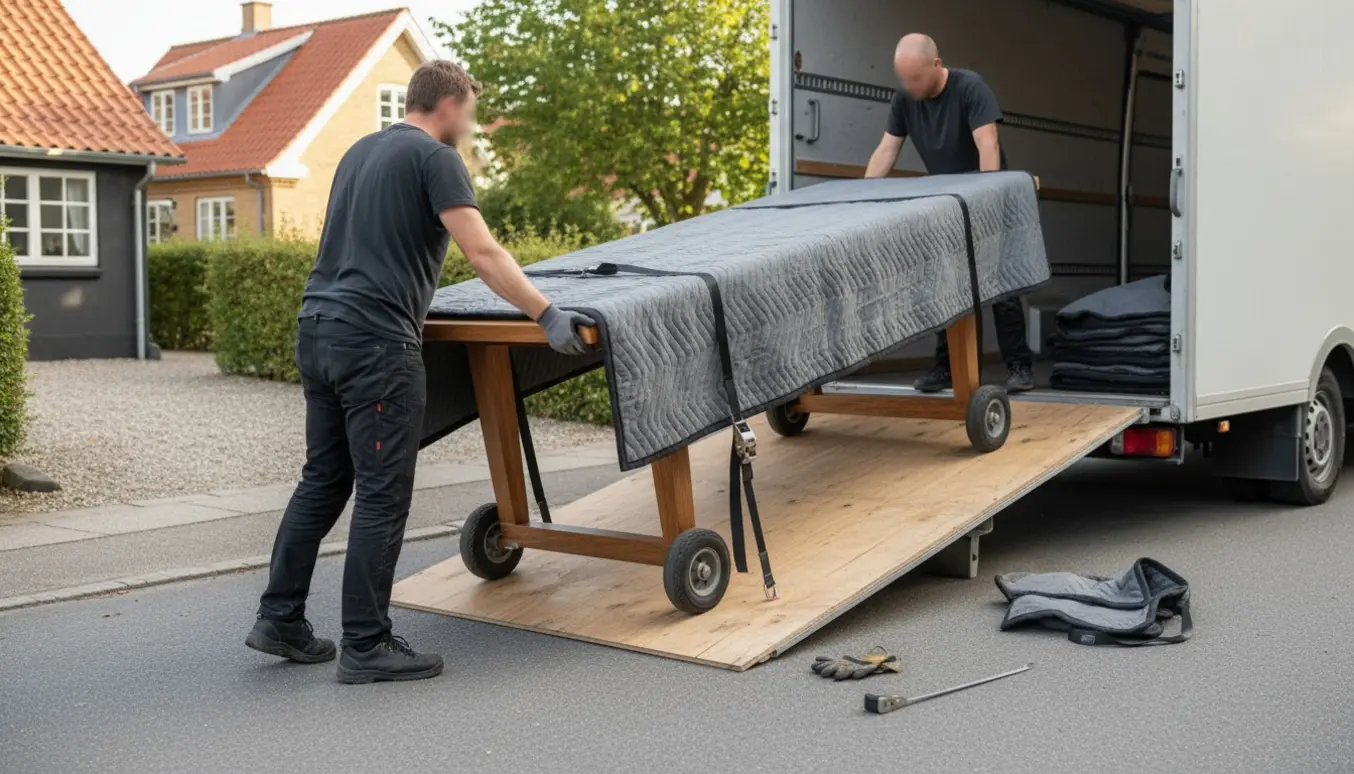 Et massivt træspisebord læsses ind i en flyttevogn på en stille forstadsgade, beskyttet med flyttetæpper og remme.