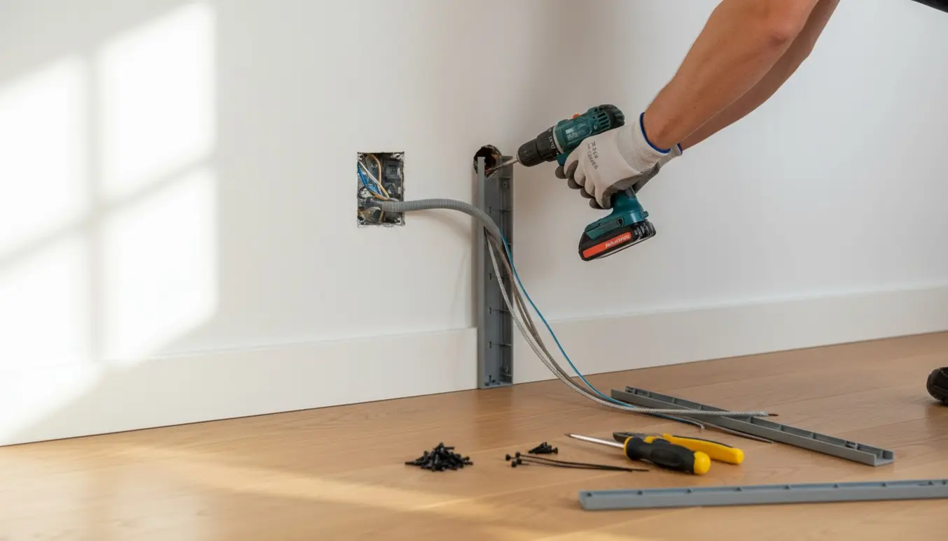 Nærbillede af hænder, der flytter en stikkontakt i et hjørne og fører kabler ind i en monteret kabelbakke.