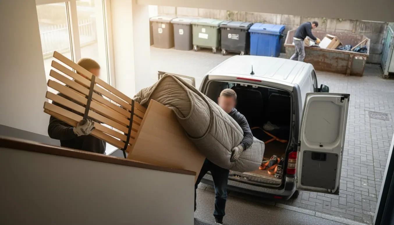 Adskilt seng bæres ned ad trappen og læsses i en varebil til bortskaffelse ved et affaldsområde.