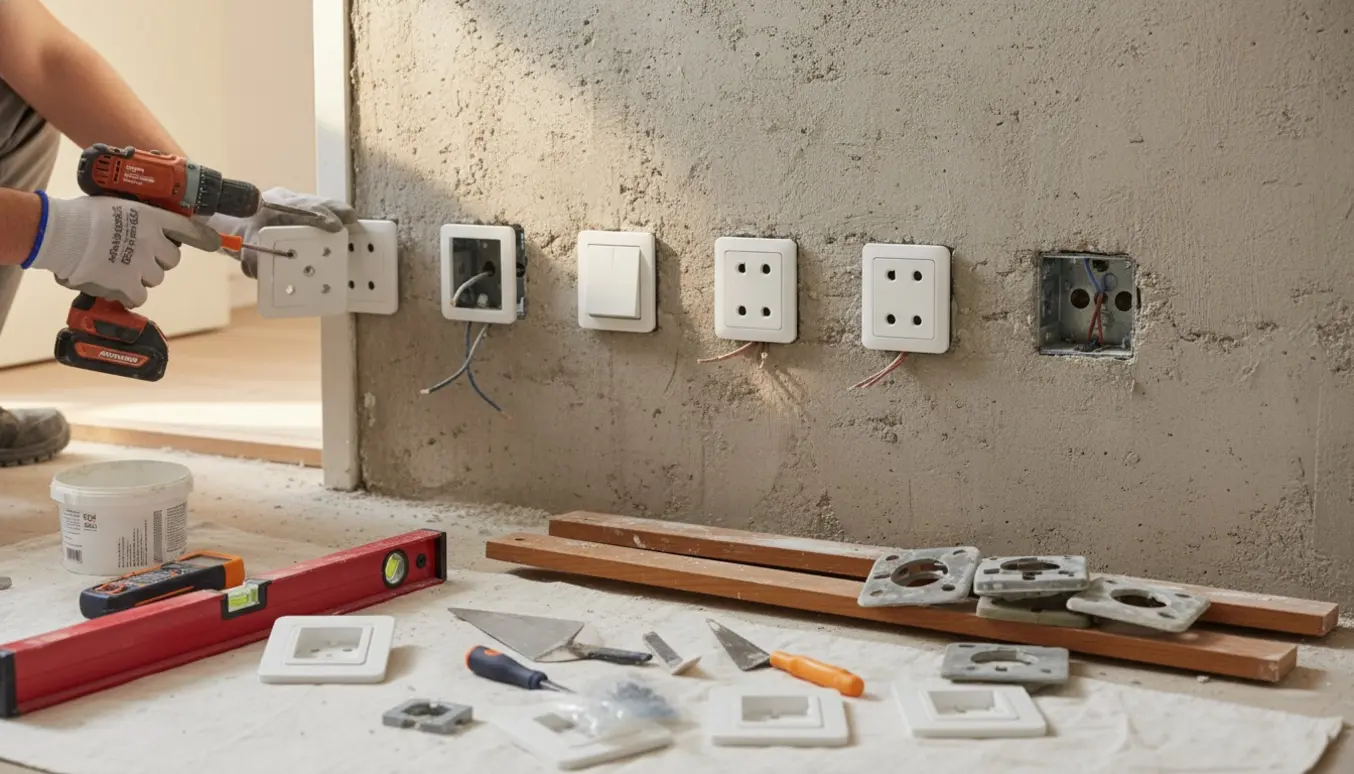 Installation af fem hvide stikkontakter i en betonvæg ved en dør med værktøj og fjernet gerigt i forgrunden.