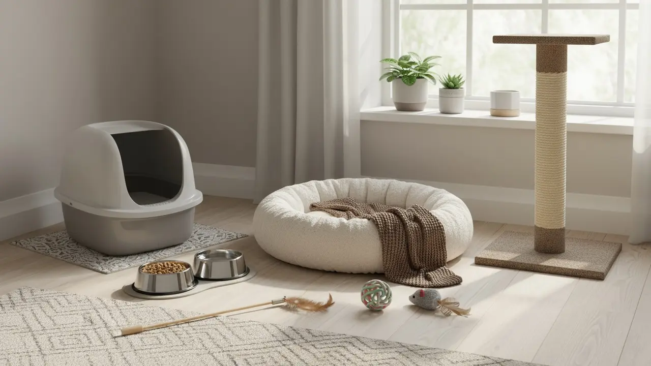 Roligt, indrettet katteværelse med kattebakke, skåle, seng, legetøj og kradsetræ