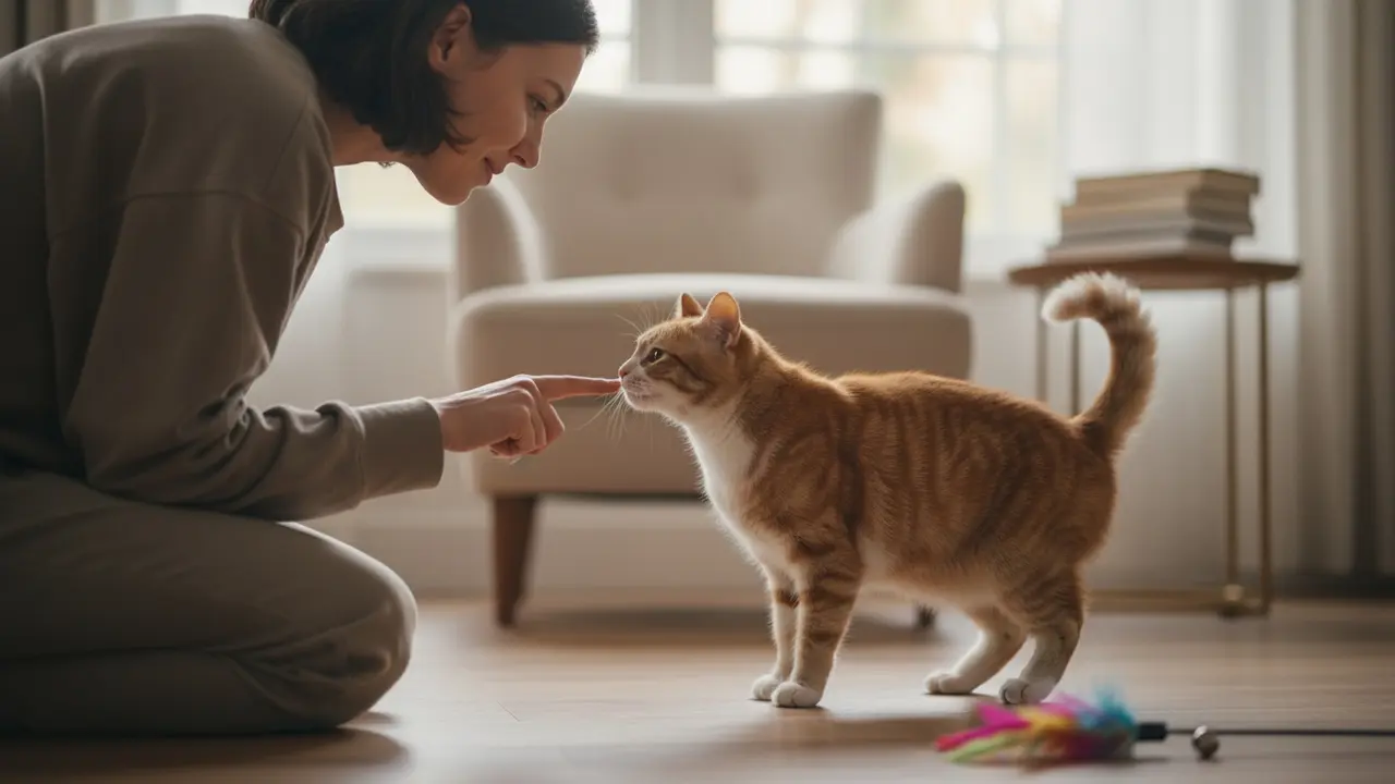 Person på knæ tilbyder finger til nysgerrig kat i roligt, indendørs møde