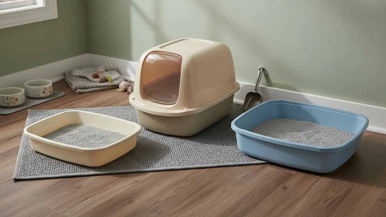 Forskellige kattebakker i roligt hjørne: lav bakke, dækket bakke og ren grus