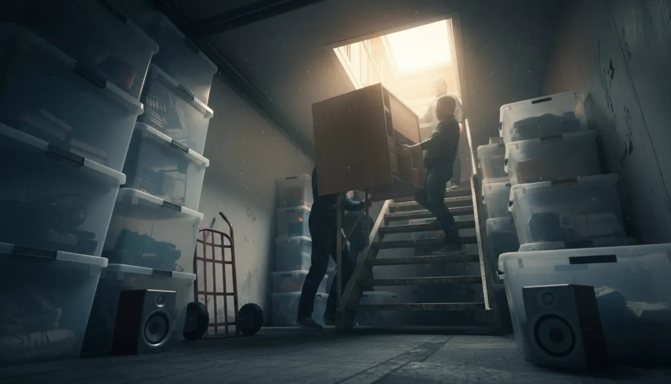 Personer bærer plastikbokse og et stort skrivebord op ad en snæver bagtrappe mod et lyst loftrum.