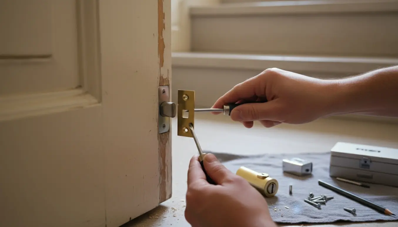 Nærbillede af en lejlighedsdørkarm og fejljusteret lås, mens værktøj bruges til at justere og udskifte låsebeslaget.