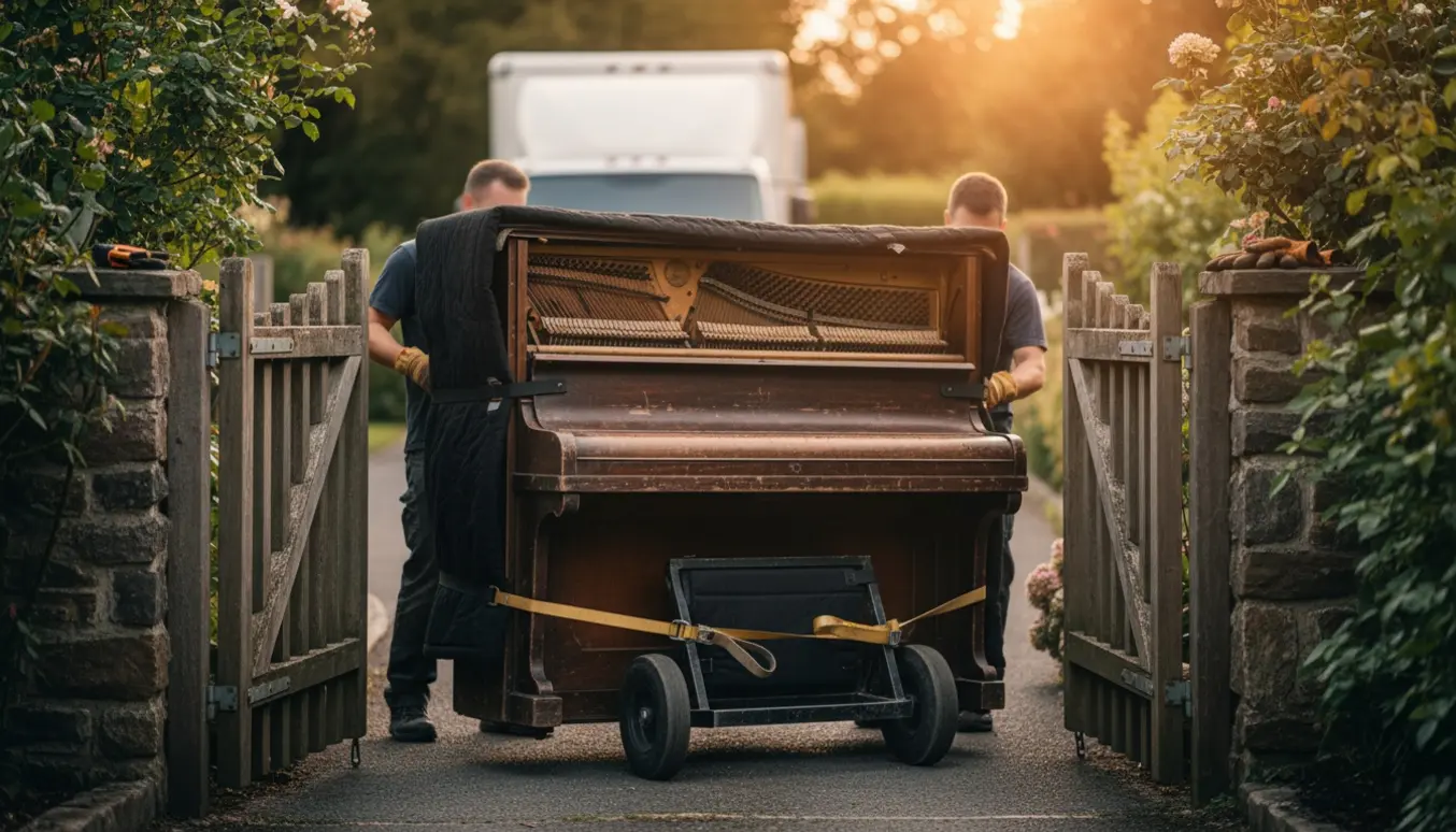 Et gammelt opretstående klaver bliver forsigtigt manøvreret ud gennem en smal havedør med flytteudstyr.
