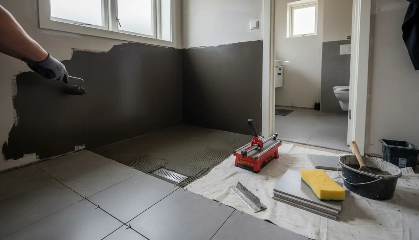 Renoveret badeværelse under flise- og vådrumsarbejde med hjørne-unidrain og værktøj i forgrunden.