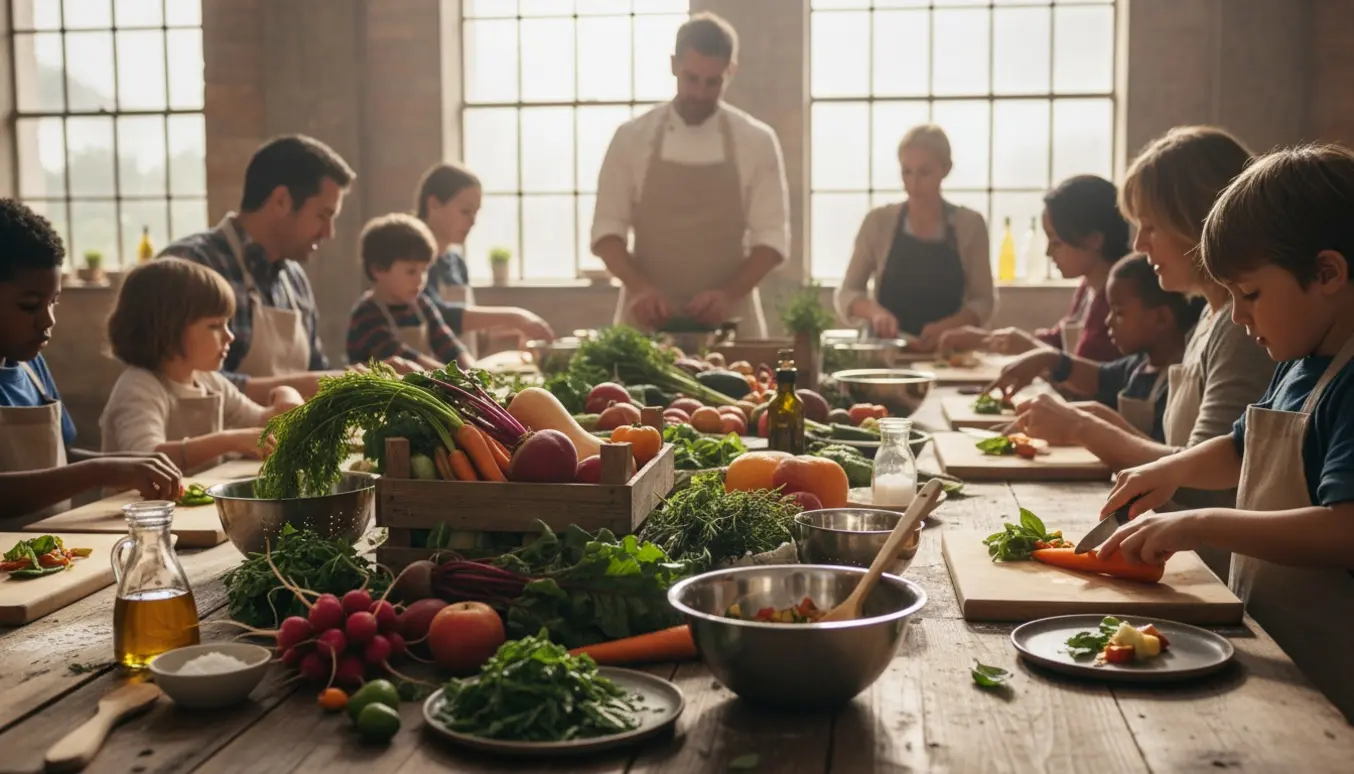 Kok guider børn og forældre i et madkursus omkring et langt bord med økologiske råvarer.