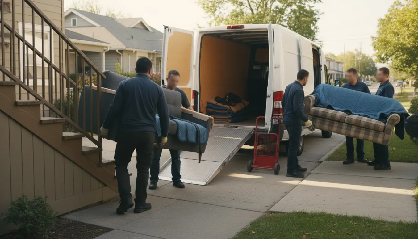 To personer bærer en sofa ned ad en trappe og ind i en lille, ubrandet flyttevogn.