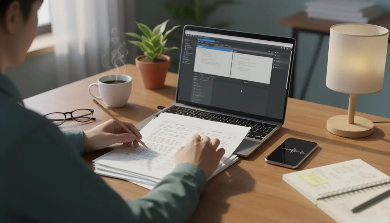 Nærbillede af et oversætterarbejdsbord med hænder ved bærbar og trykte dokumenter i blødt, naturligt lys.