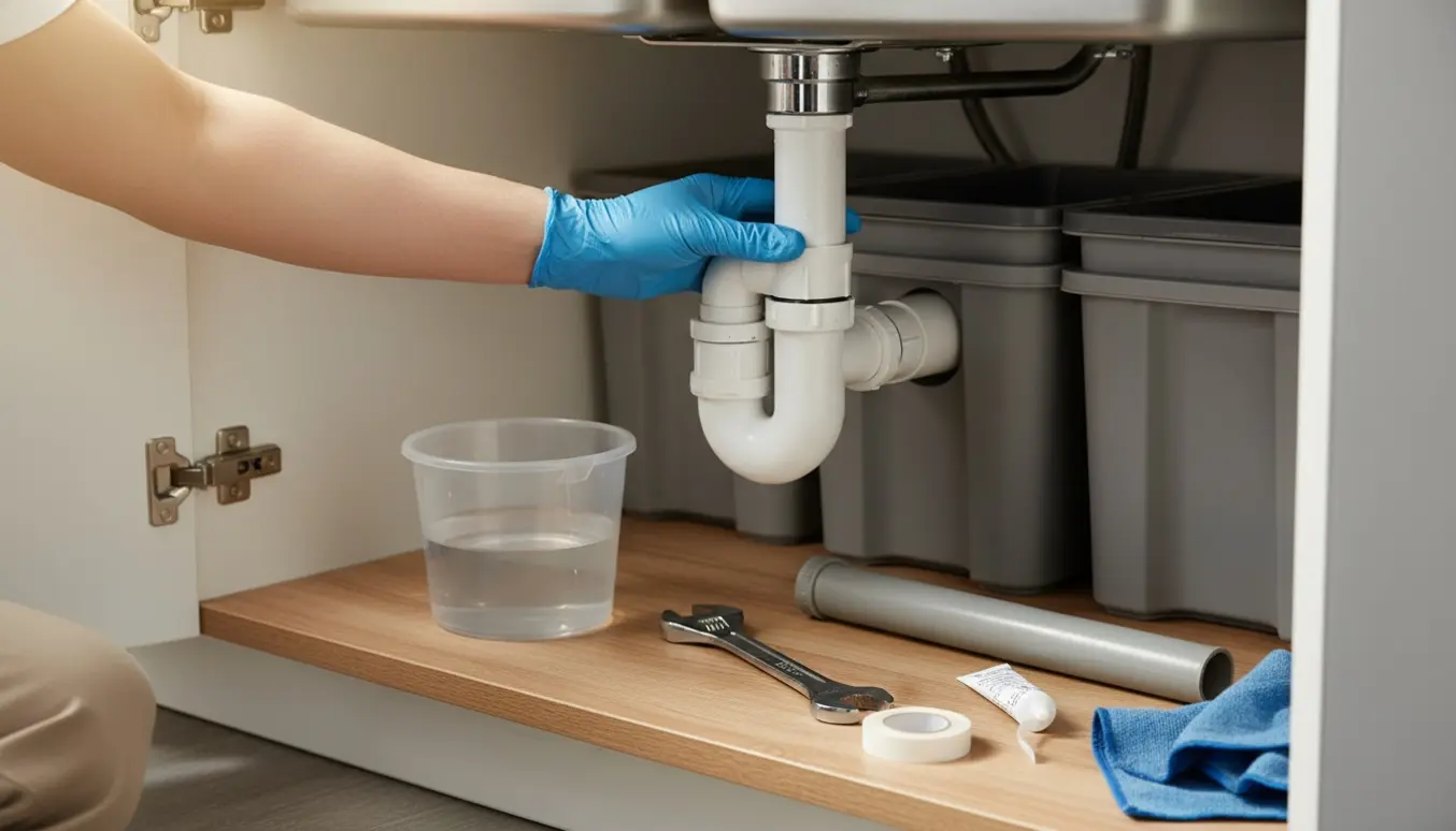 Nærbillede af hænder, der udskifter et buet afløbsrør under en køkkenvask med skiftenøgle og VVS-materialer.
