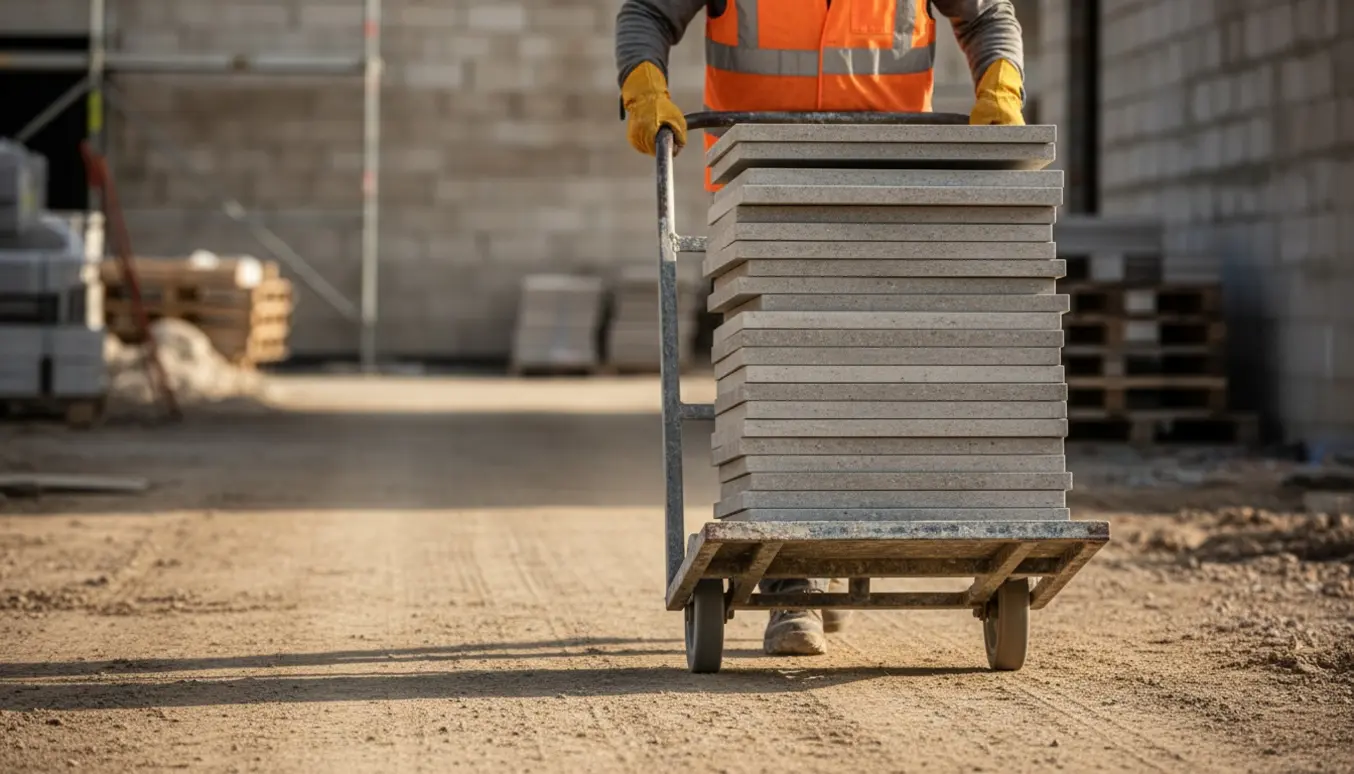En arbejder skubber en vogn med stablede byggefliser hen over en byggeplads.