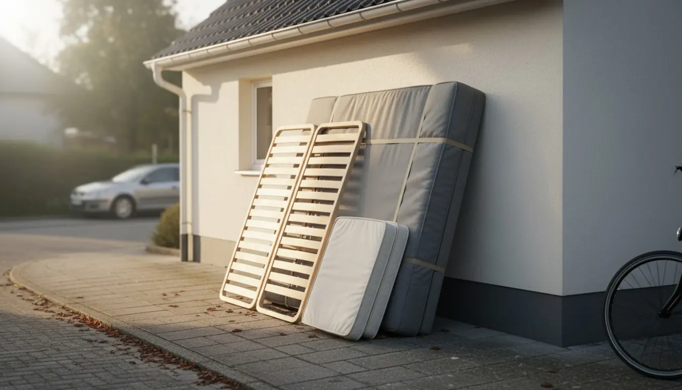 Tre madrasser og et understel står op ad en husgavl på fortovet ved en stille villavej.