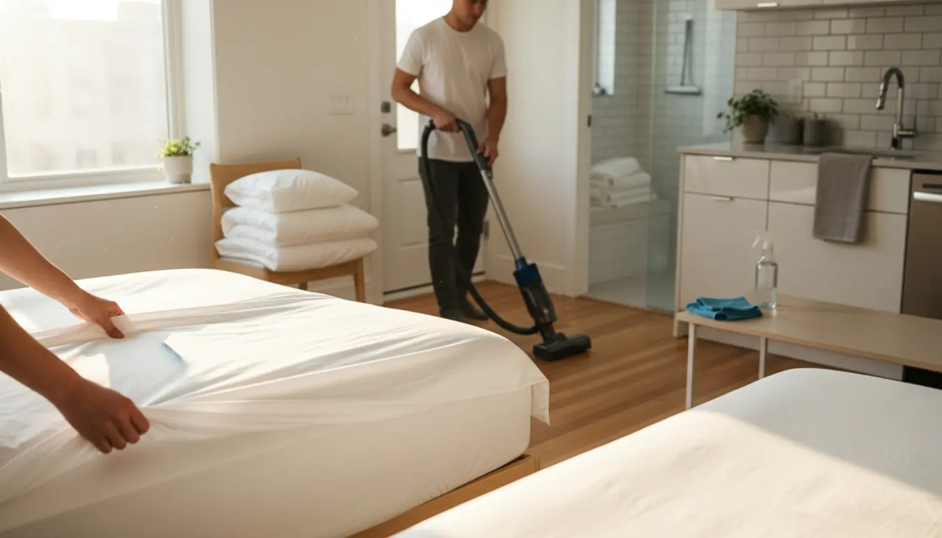 Rengøringsperson skifter lagner og støvsuger et lyst og nyordnet Airbnb-værelse.