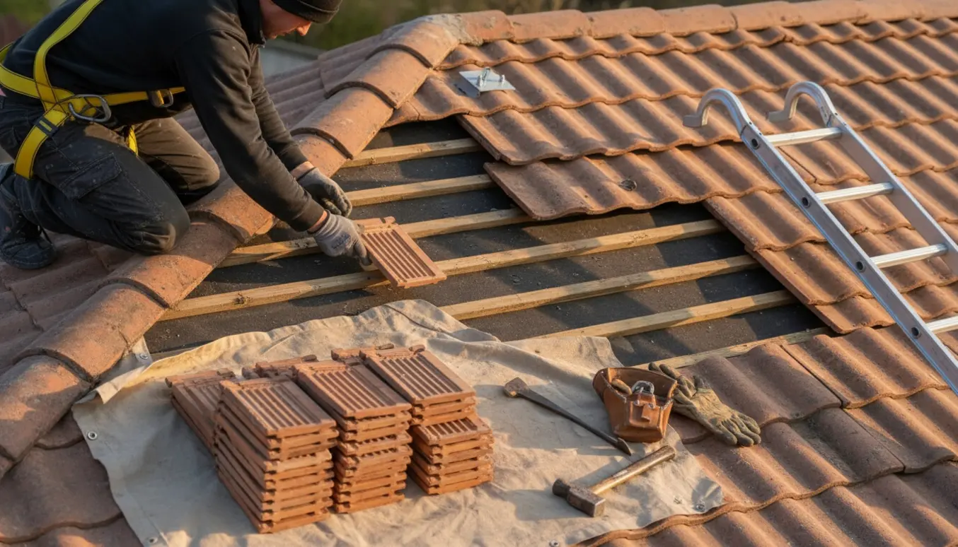 En håndværker udskifter vingetegl på et garagetag med tagstige og stak nye teglsten ved siden af.