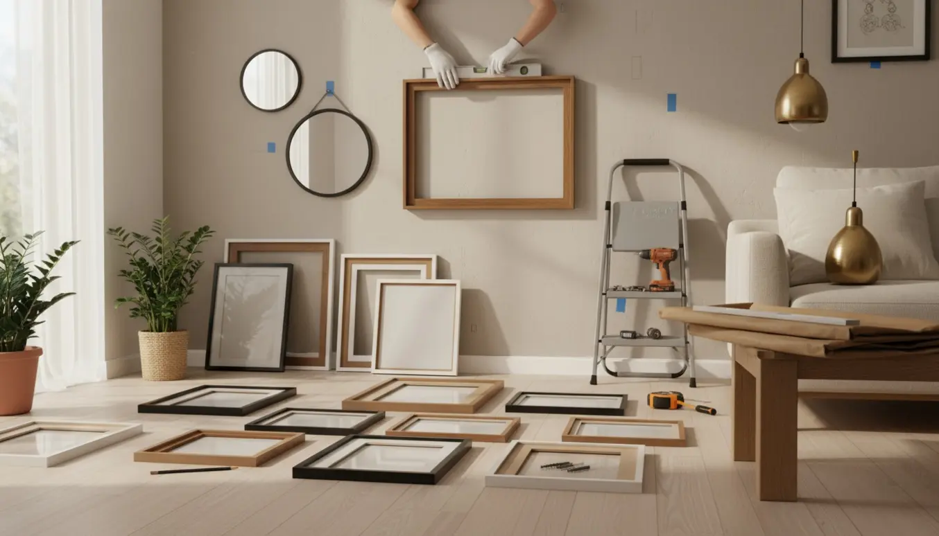 Hænder hænger billeder og små spejle op på en lys væg med boremaskine, vaterpas og målebånd i nærheden.