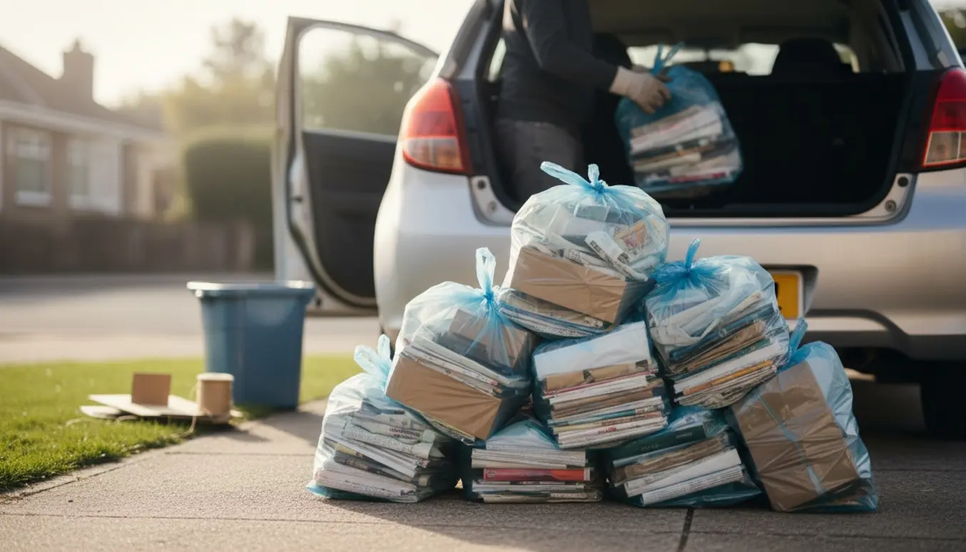 Omkring ti fyldte sække med pap og papir stablet ved en indkørsel klar til genbrug.